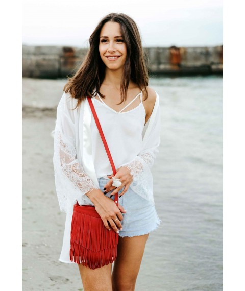 Leather women's bag with fringed mini crossbody Fleco red