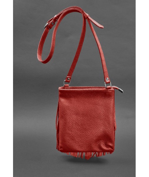 Leather women's bag with fringed mini crossbody Fleco red