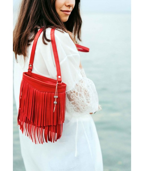 Leather women's bag with fringed mini crossbody Fleco red