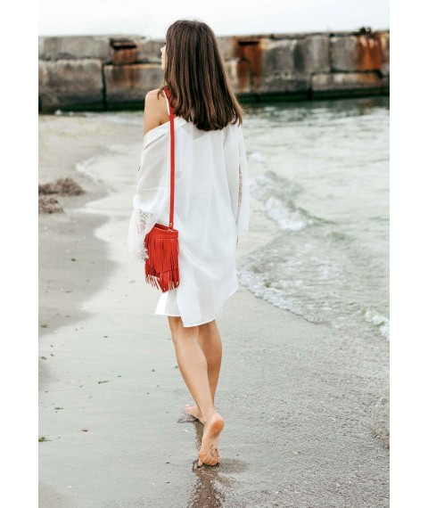 Leather women's bag with fringed mini crossbody Fleco red