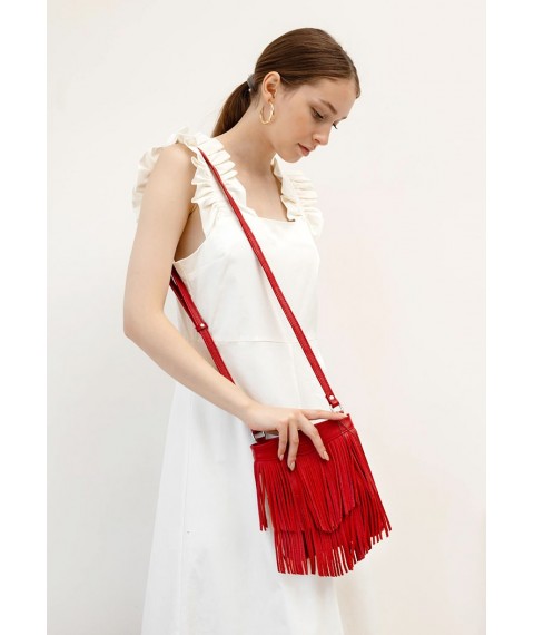 Шкіряна жіноча сумка з бахромою міні-кроссбоді Fleco червона