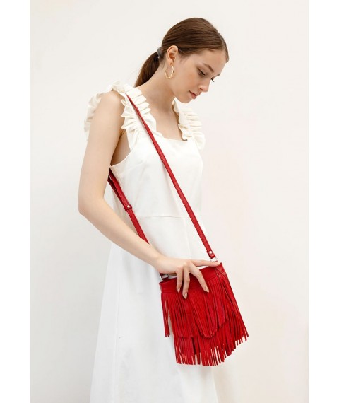 Leather women's bag with fringed mini crossbody Fleco red