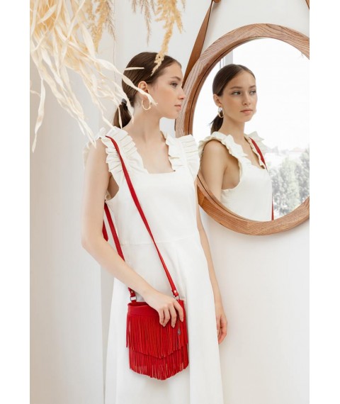 Leather women's bag with fringed mini crossbody Fleco red