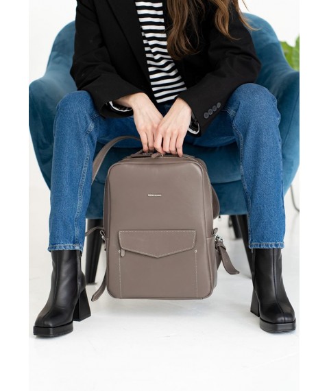 Leather urban women's backpack with zipper Cooper dark beige