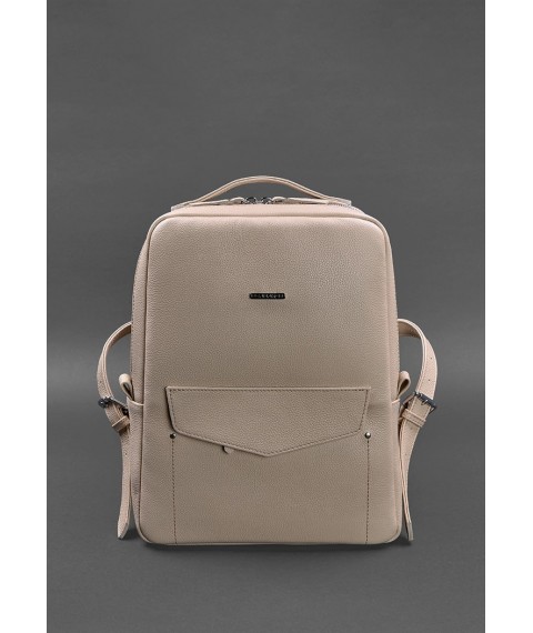 Leather women's city backpack with zipper Cooper light beige flotar