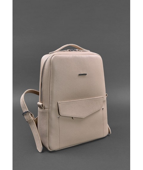 Leather women's city backpack with zipper Cooper light beige flotar