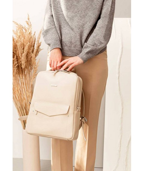 Leather women's city backpack with zipper Cooper light beige flotar