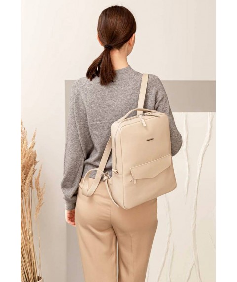 Leather women's city backpack with zipper Cooper light beige flotar