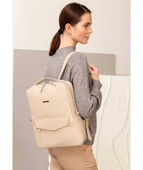 Leather women's city backpack with zipper Cooper light beige flotar