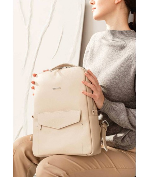 Leather women's city backpack with zipper Cooper light beige flotar