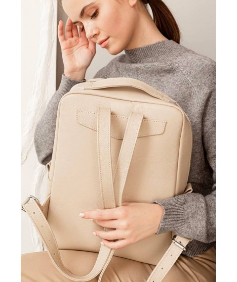 Leather women's city backpack with zipper Cooper light beige flotar