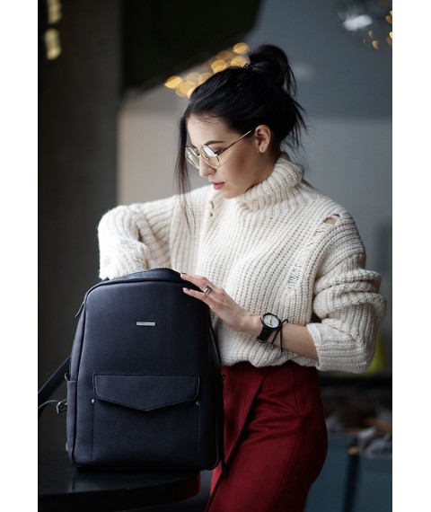 Leather urban women's backpack with zipper Cooper dark blue