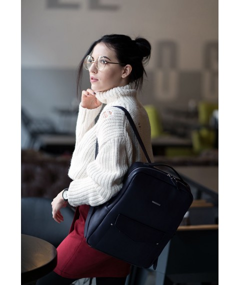 Leather urban women's backpack with zipper Cooper dark blue