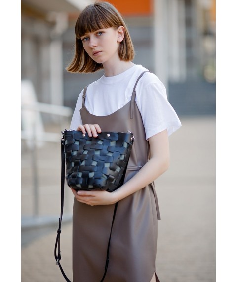 Leather woven women's bag Puzzle M black Krast