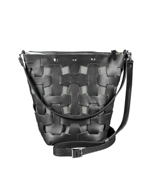 Leather woven women's bag Puzzle M black Krast