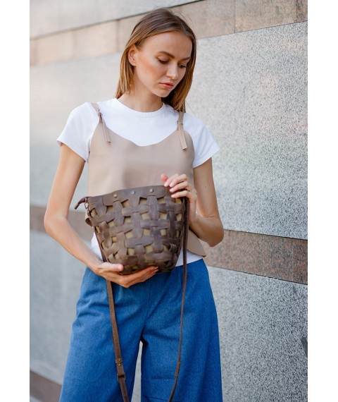 Leather woven women's bag Puzzle M dark brown Crazy Horse