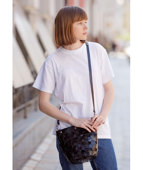Шкіряна плетена жіноча сумка Пазл M вугільно-чорна