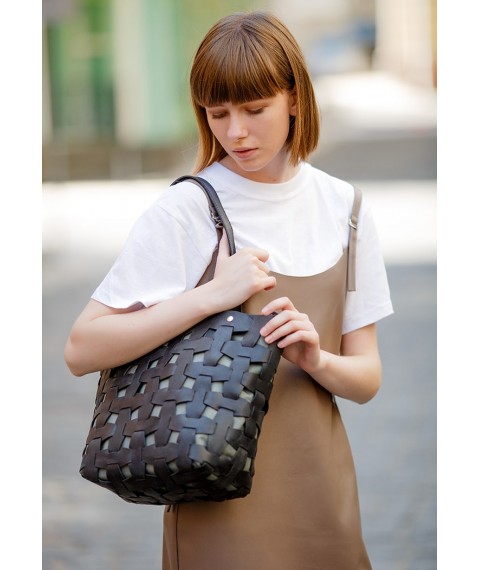 Leather woven women's bag Puzzle L black Krast