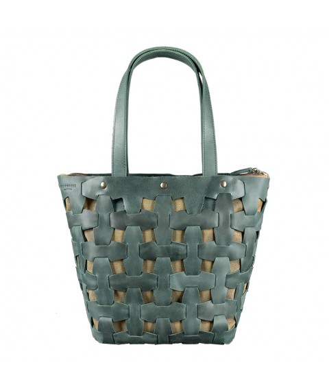 Leather woven women's bag Puzzle L green Crazy Horse