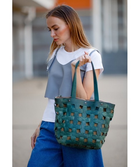 Leather woven women's bag Puzzle L green Crazy Horse