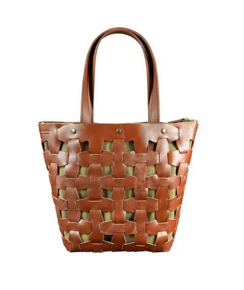 Leather woven women's bag Puzzle L light brown Krast