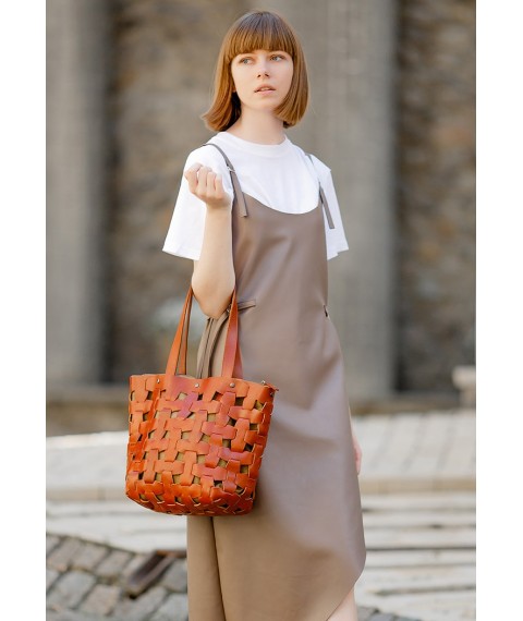 Leather woven women's bag Puzzle L light brown Krast