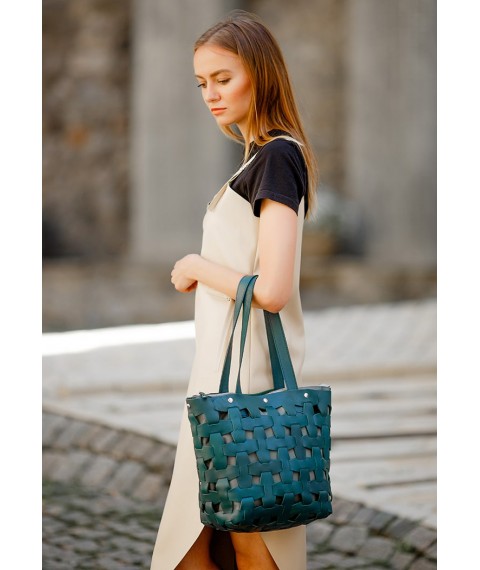 Leather woven women's bag Puzzle L green Krast