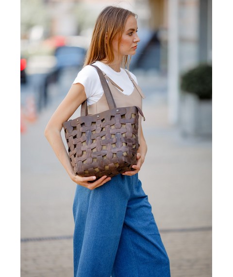 Leather woven women's bag Puzzle L dark brown Crazy Horse