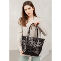 Шкіряна плетена жіноча сумка Пазл L вугільно-чорна