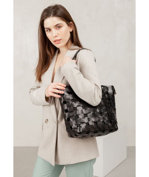 Leather woven women's bag Puzzle L jet black