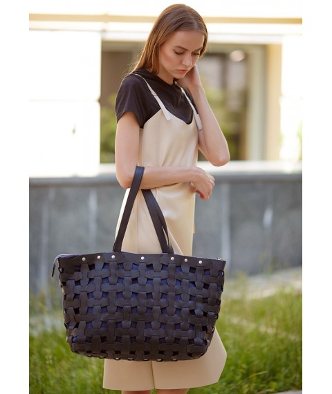 Leather woven women's bag Puzzle Xl black Crazy Horse