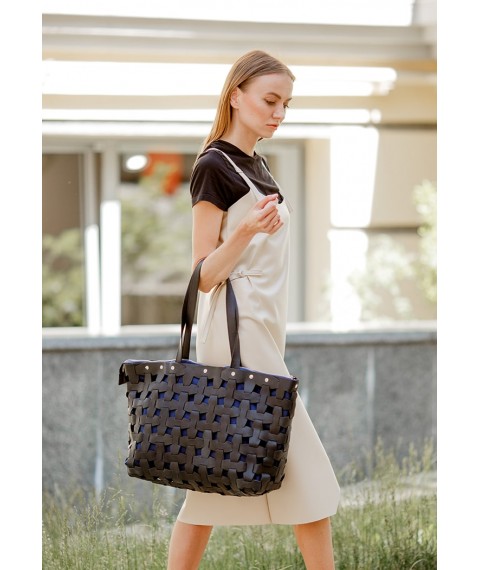Leather woven women's bag Puzzle Xl black Crazy Horse
