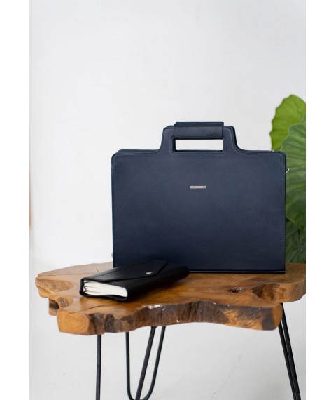 Leather bag for laptop and documents, dark blue Crust