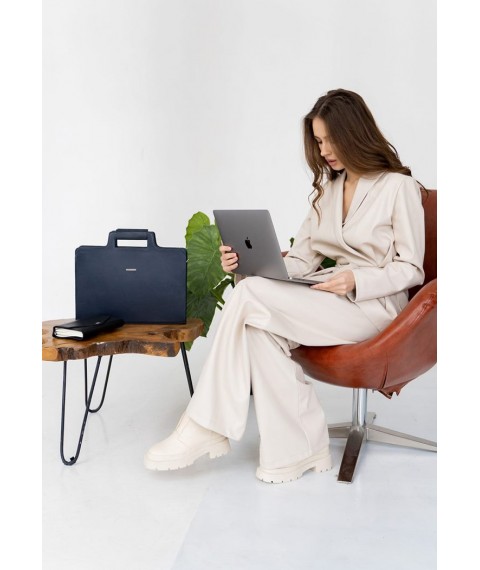 Leather bag for laptop and documents, dark blue Crust
