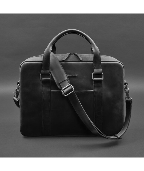 Leather bag for laptop and documents black Crazy Horse