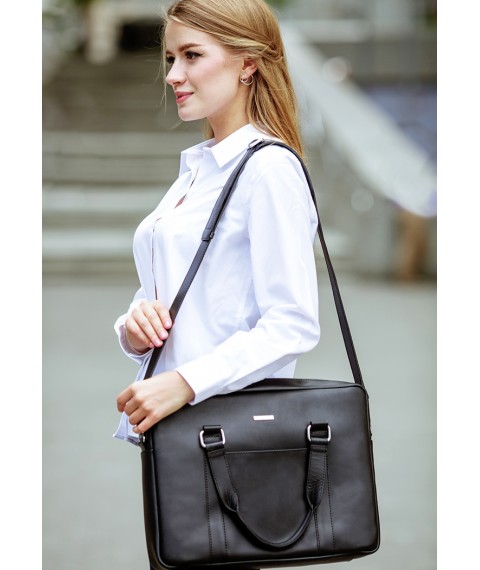 Leather bag for laptop and documents, black