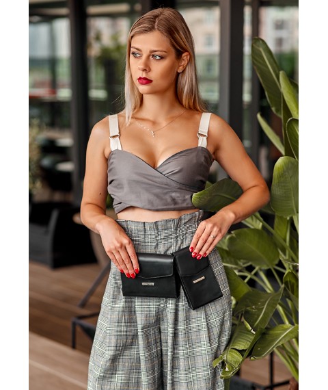 Women's Black Leather Mini Belt/Crossbody Bag Set