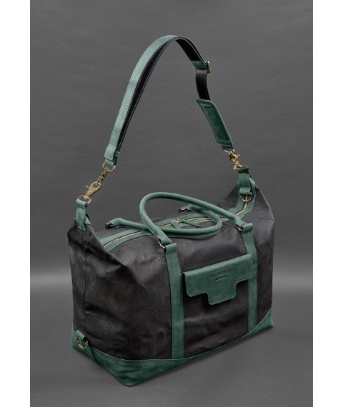 Travel bag made of canvas and genuine green leather Crazy Horse