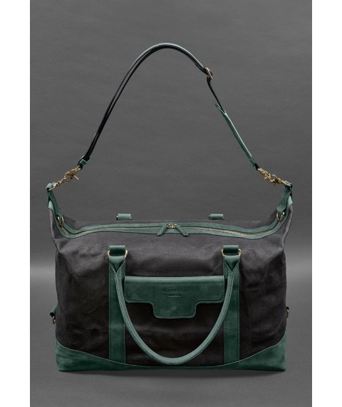 Travel bag made of canvas and genuine green leather Crazy Horse