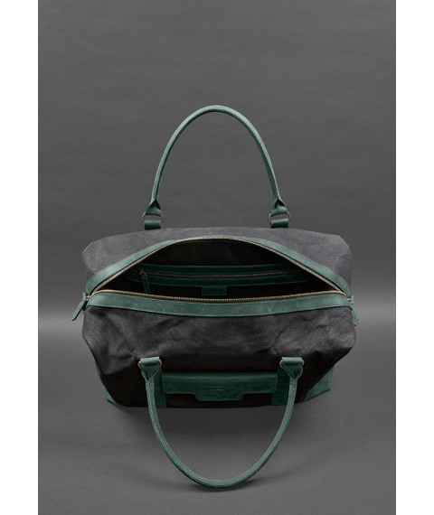 Travel bag made of canvas and genuine green leather Crazy Horse