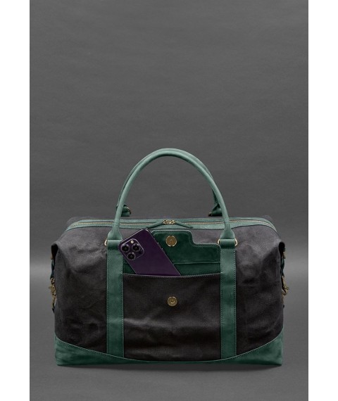 Travel bag made of canvas and genuine green leather Crazy Horse