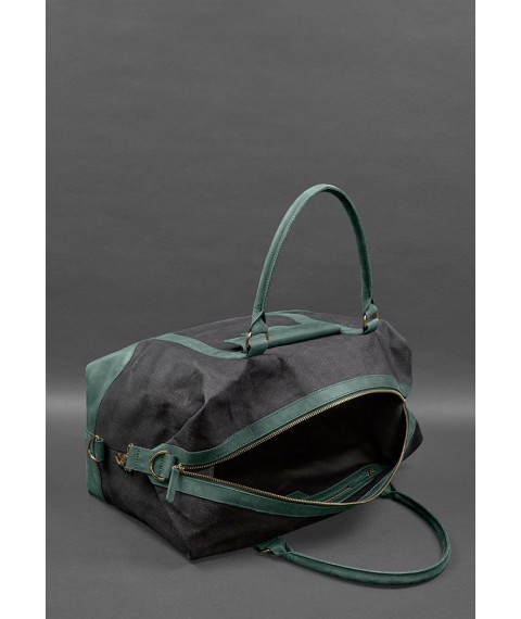 Travel bag made of canvas and genuine green leather Crazy Horse