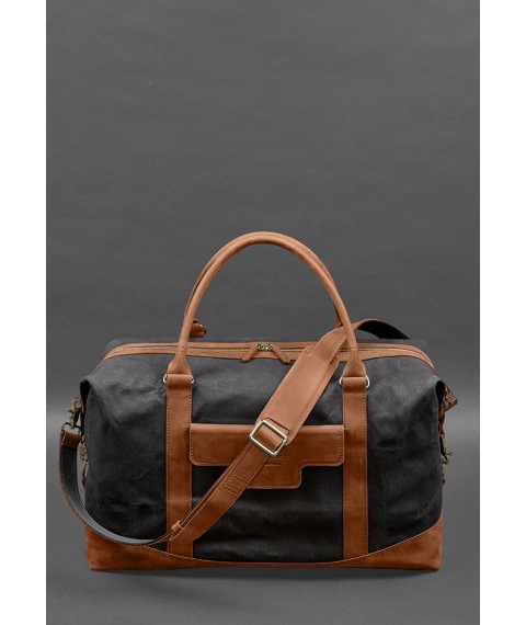 Travel bag made of canvas and natural light brown leather Crazy Horse