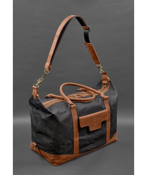 Travel bag made of canvas and natural light brown leather Crazy Horse