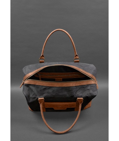 Travel bag made of canvas and natural light brown leather Crazy Horse