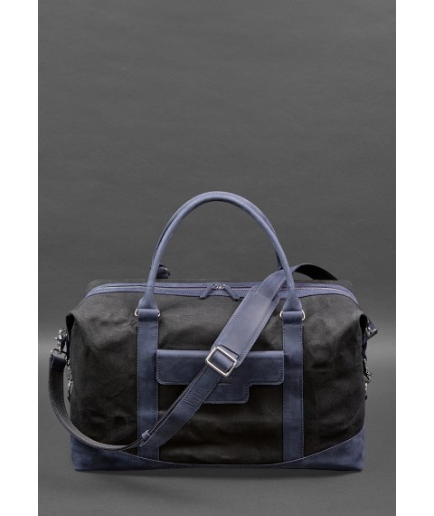 Travel bag made of canvas and natural dark blue leather Crazy Horse