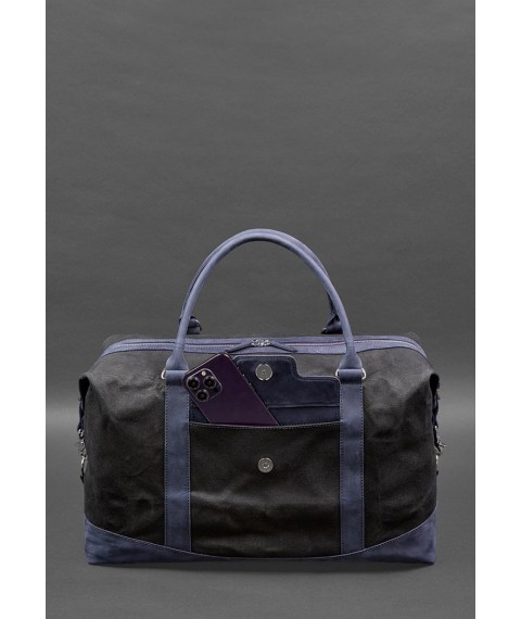 Travel bag made of canvas and natural dark blue leather Crazy Horse