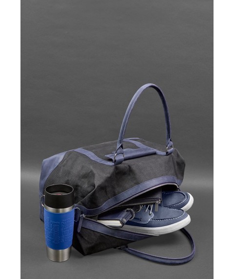 Travel bag made of canvas and natural dark blue leather Crazy Horse