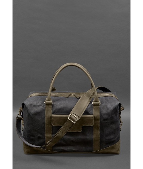 Travel bag made of canvas and genuine dark brown leather Crazy Horse