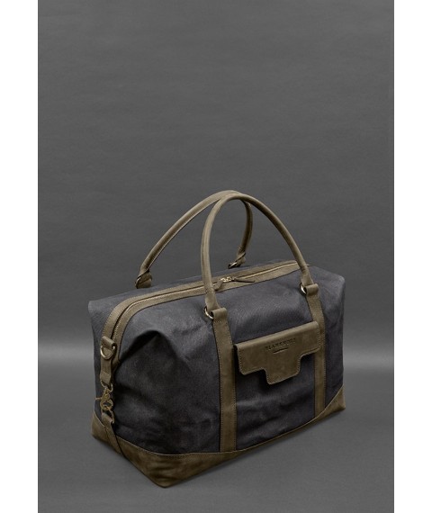 Travel bag made of canvas and genuine dark brown leather Crazy Horse